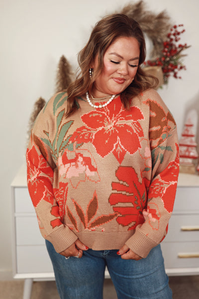 Khaki Multi Floral Round Neck Sweater