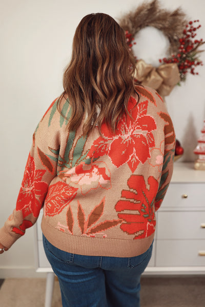 Khaki Multi Floral Round Neck Sweater