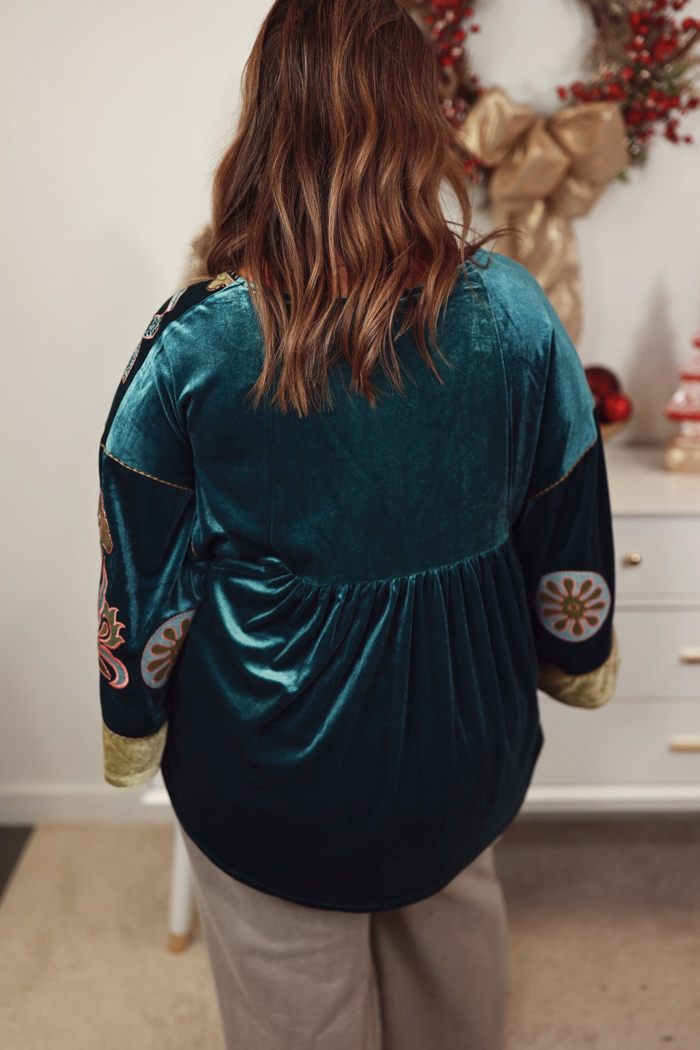 Teal Blue Embroidered Velvet Babydoll Top