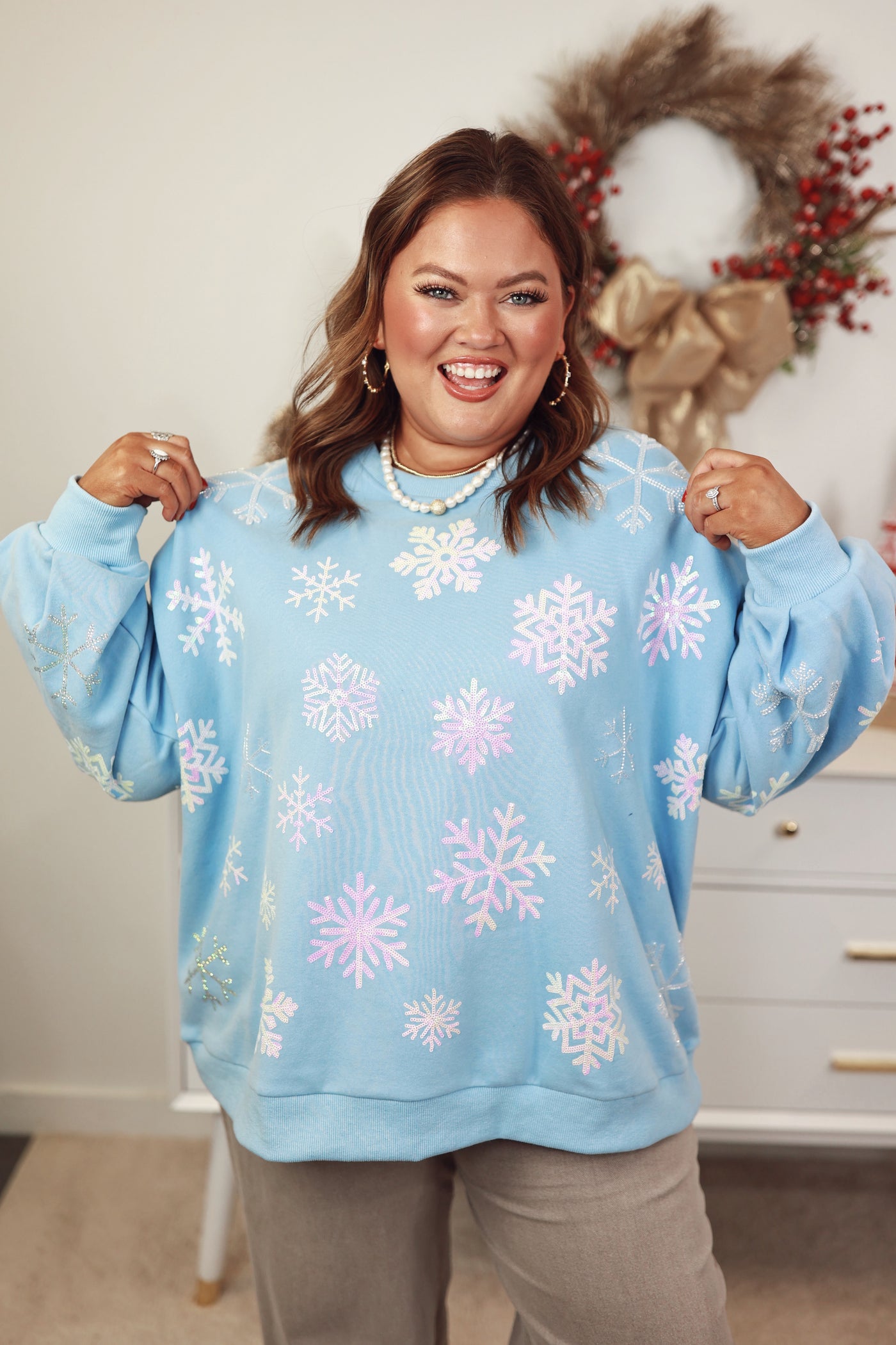 Queen of Sparkles Light Blue Iridescent Snowflake Sweatshirt