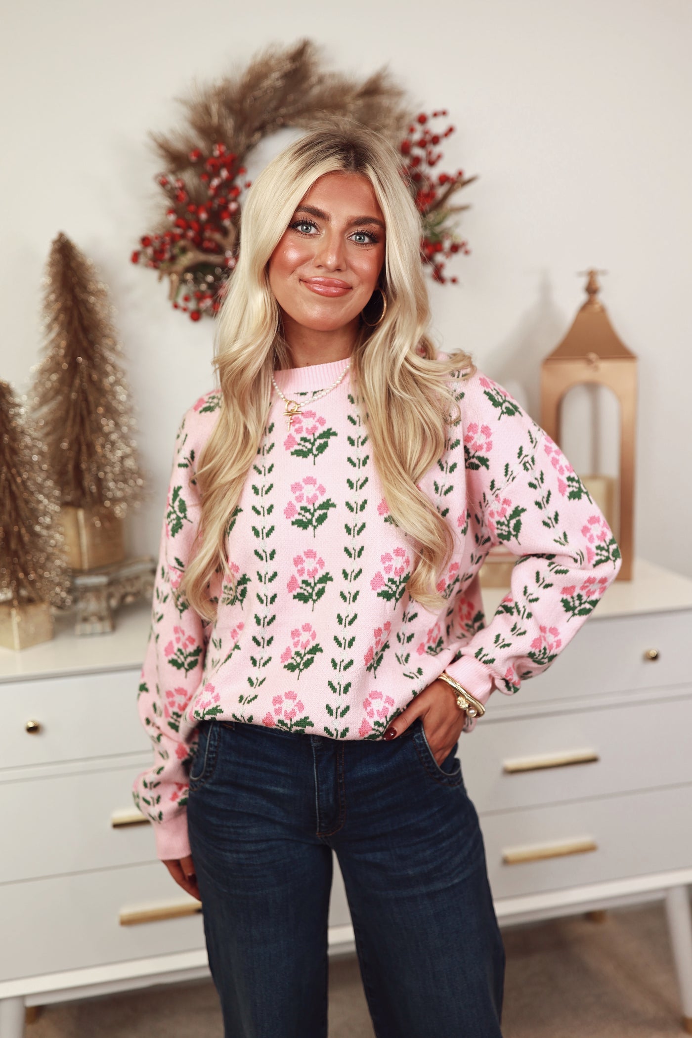 Floral Pink Round Neck Sweater