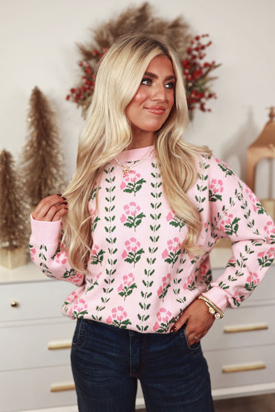 Floral Pink Round Neck Sweater