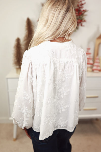 Off White Floral Embroidered 3/4 Dolman Sleeve Oversized Top