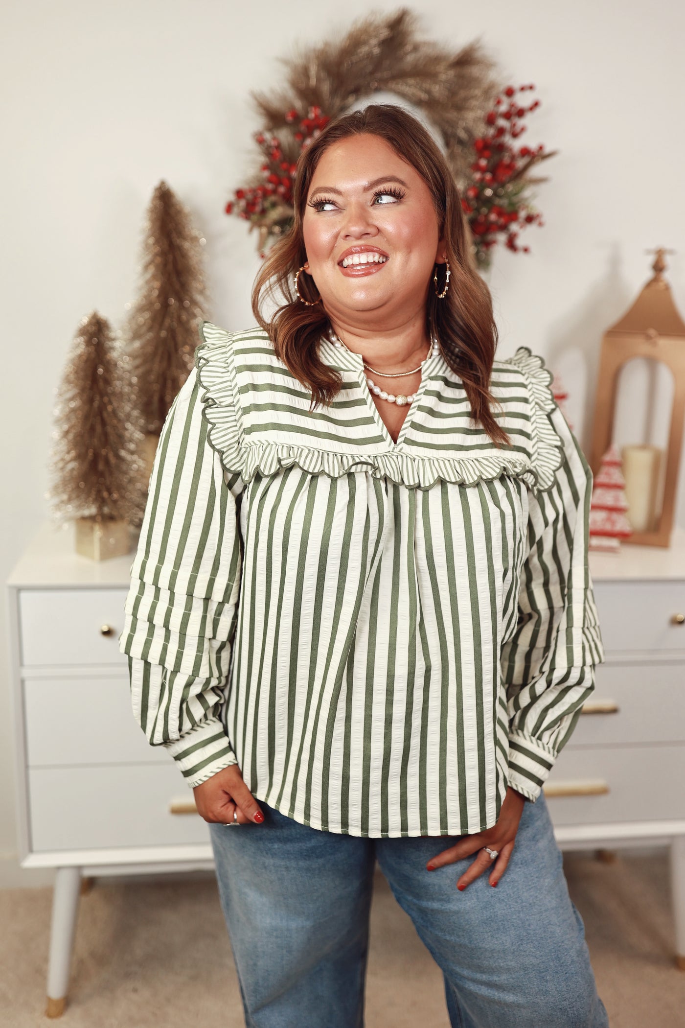 Olive Striped Ruffle Detail Long Sleeve Top