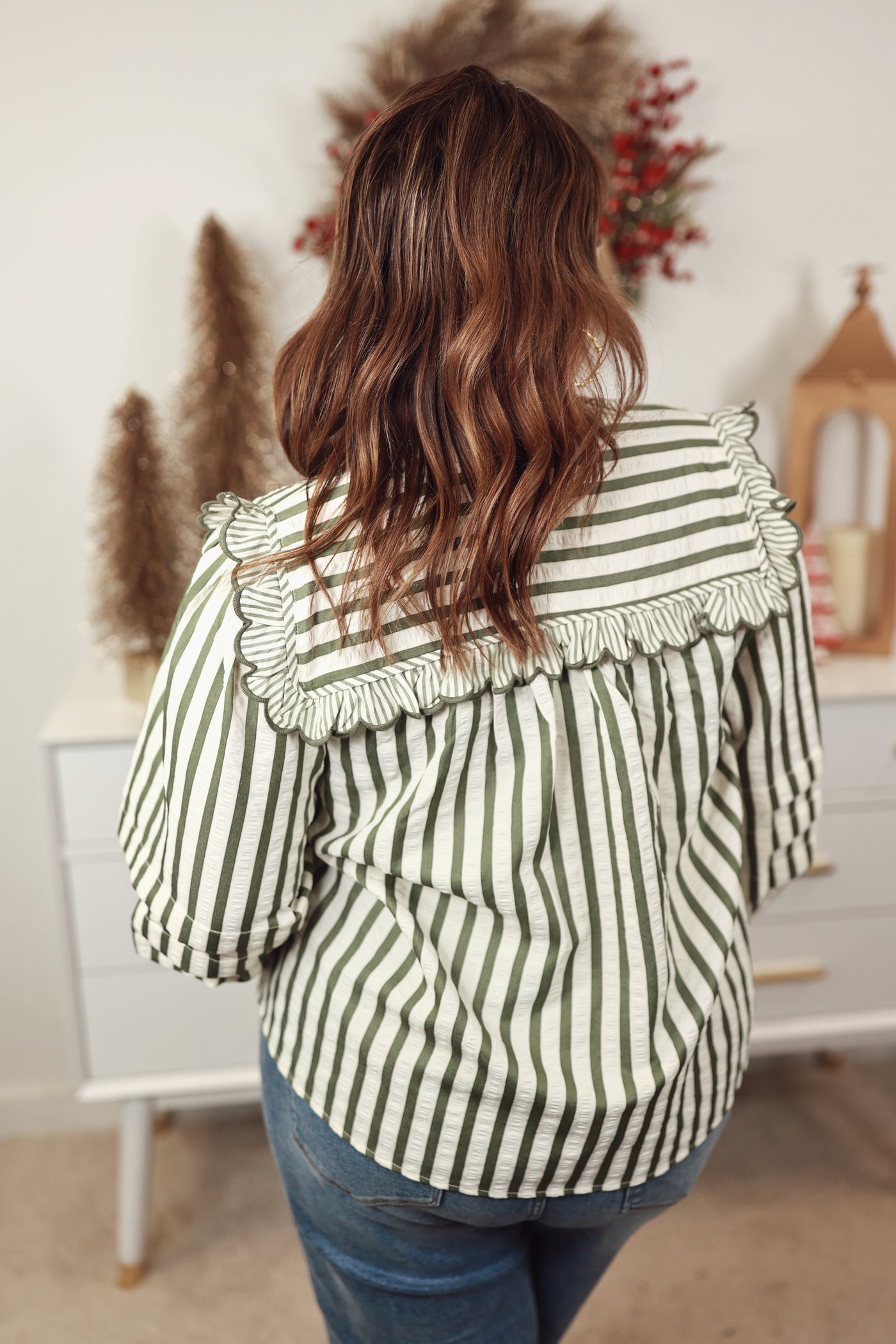 Olive Striped Ruffle Detail Long Sleeve Top