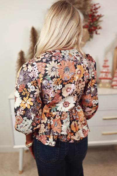 Charcoal Floral Tie Front Puff Sleeve Babydoll Top