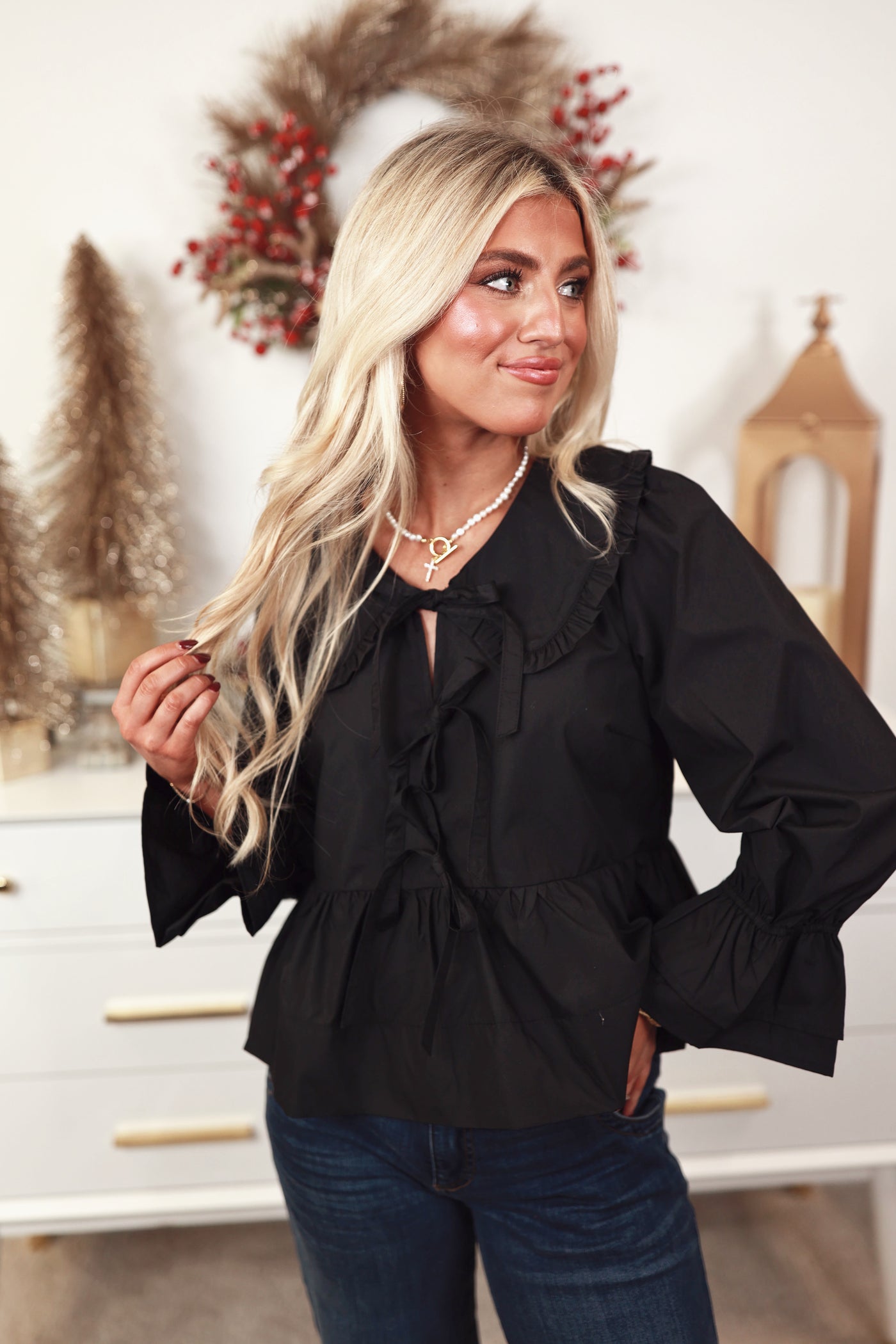 Black 3/4 Sleeve Bow Detail Collared Top