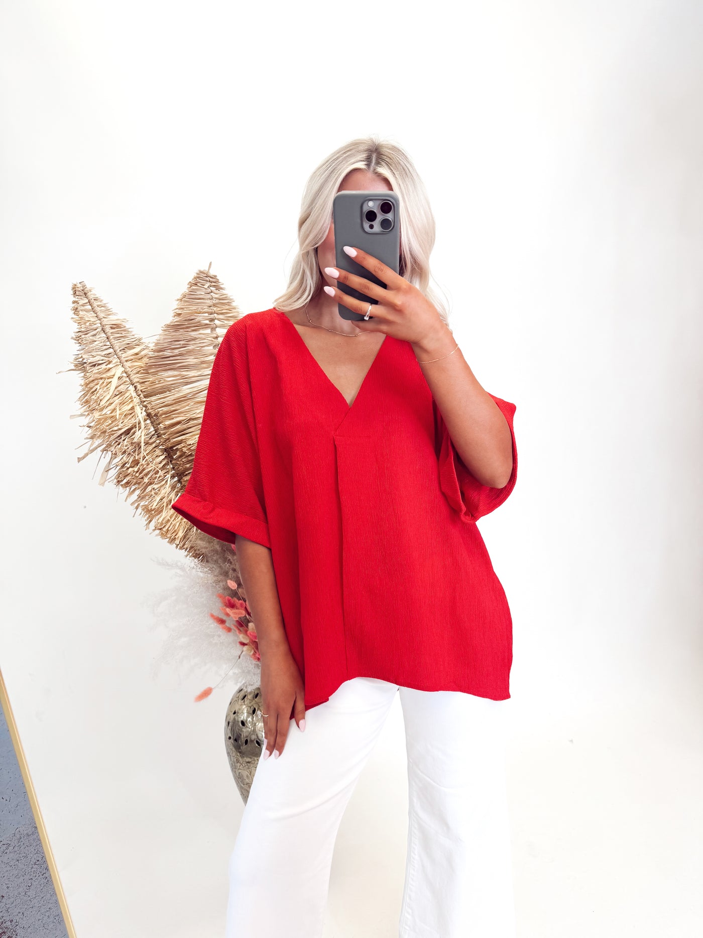 Red Textured Notch Neck Cuff Sleeve Oversized Blouse