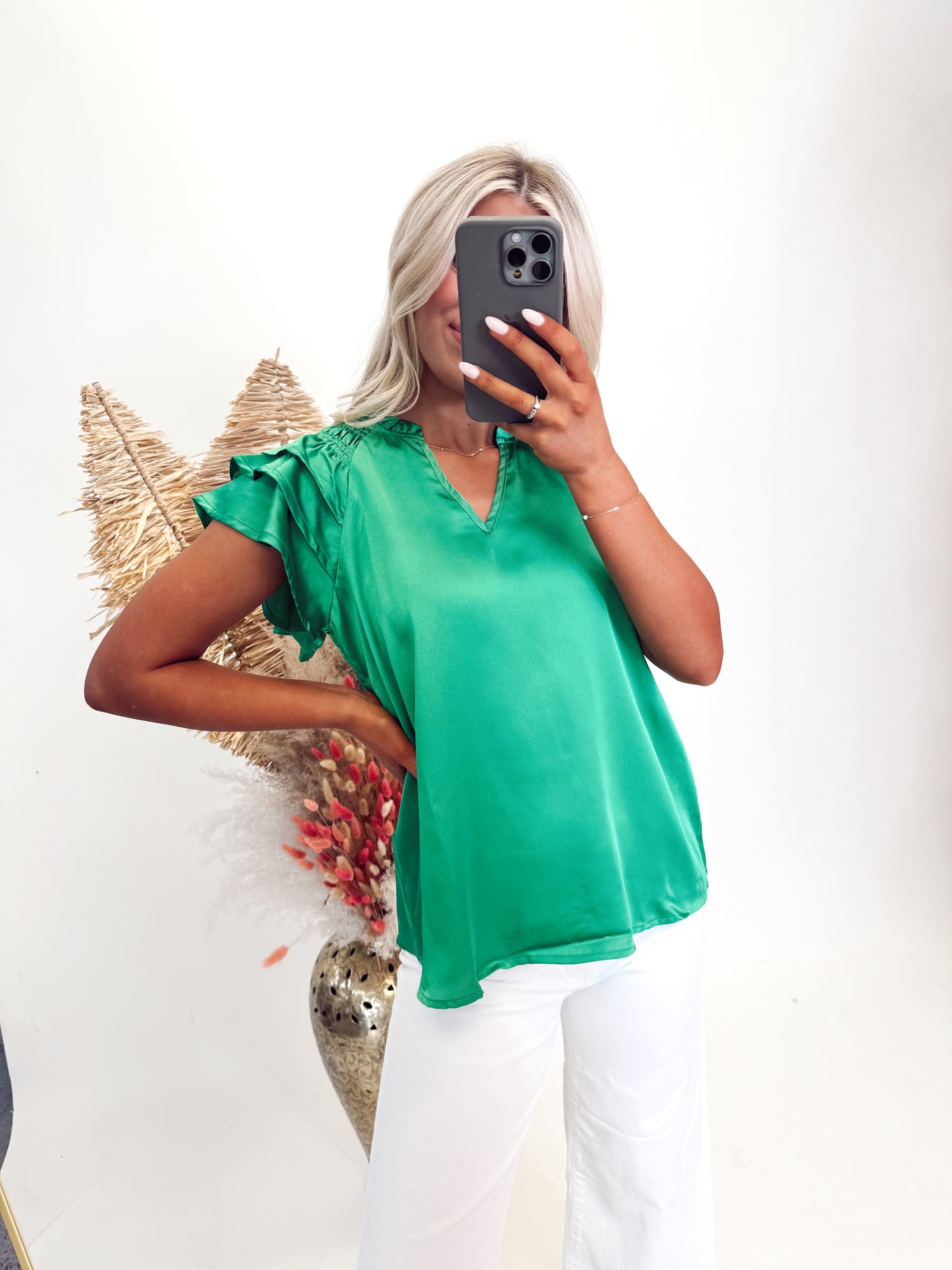 Green V Neck Ruffle Blouse