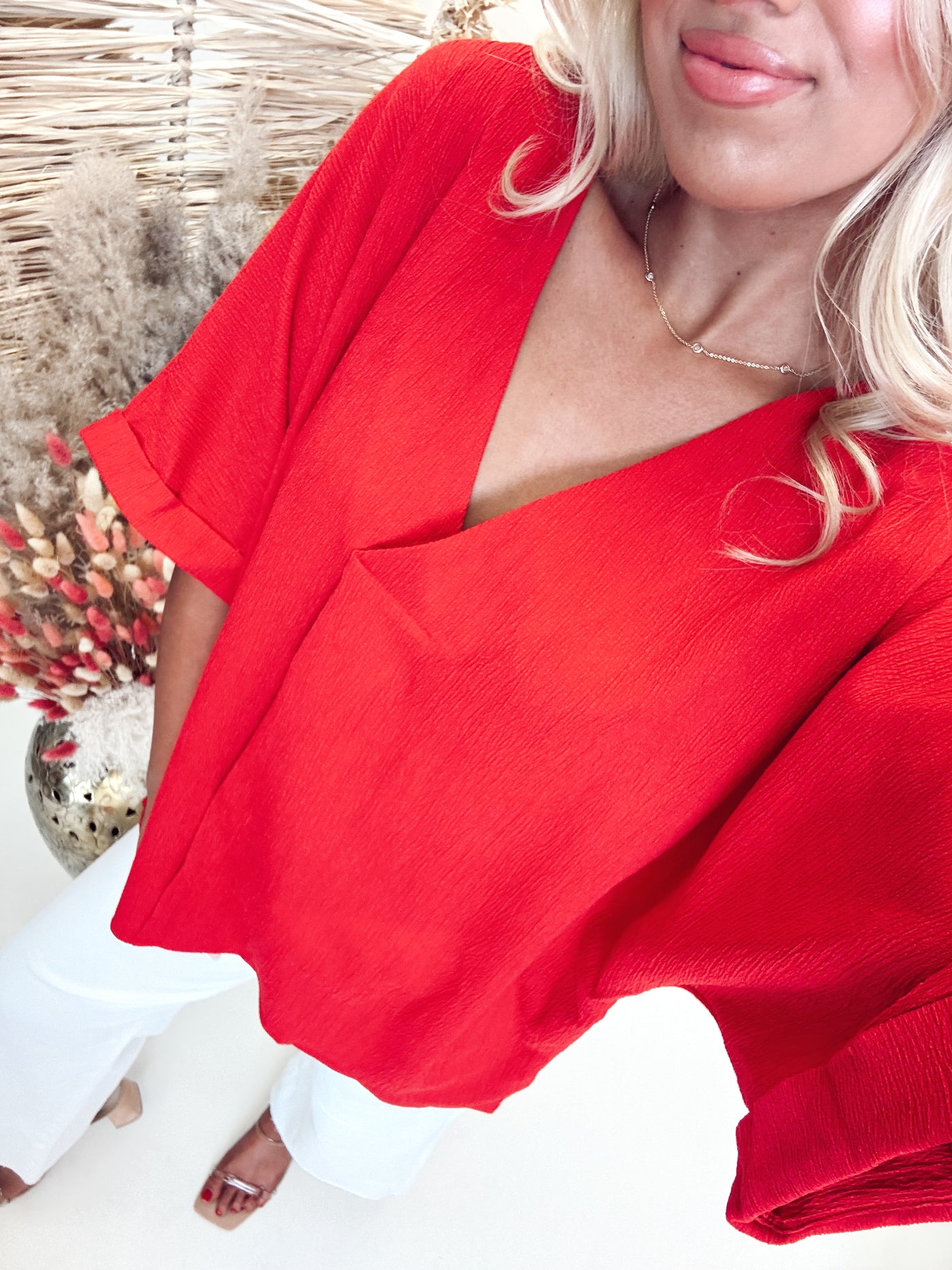 Red Textured Notch Neck Cuff Sleeve Oversized Blouse