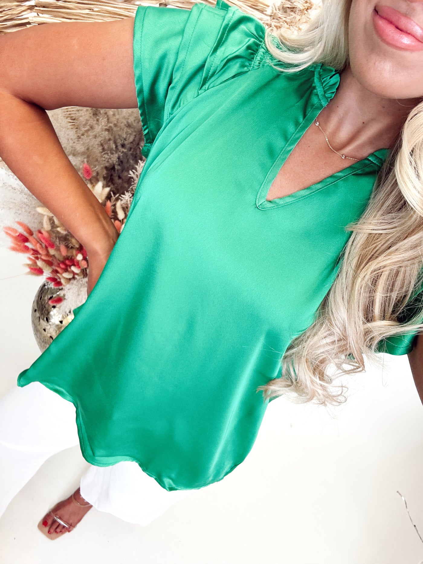 Green V Neck Ruffle Blouse