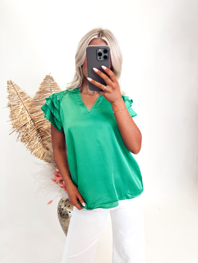 Green V Neck Ruffle Blouse