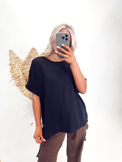 Black Round Neck Dolman Sleeve Oversized Top