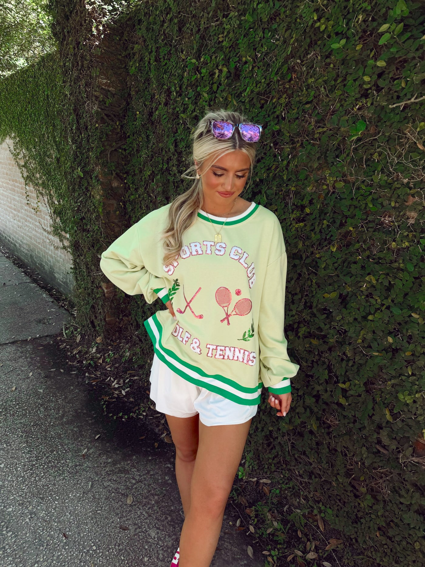 Light Green Sports Club Terry Sequin Detail Sweatshirt