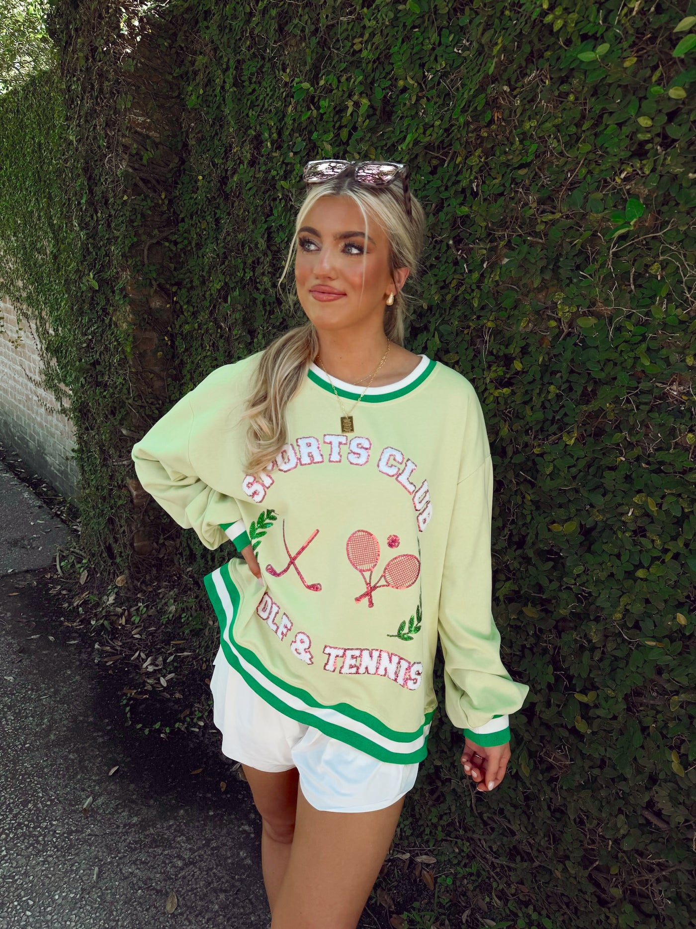 Light Green Sports Club Terry Sequin Detail Sweatshirt