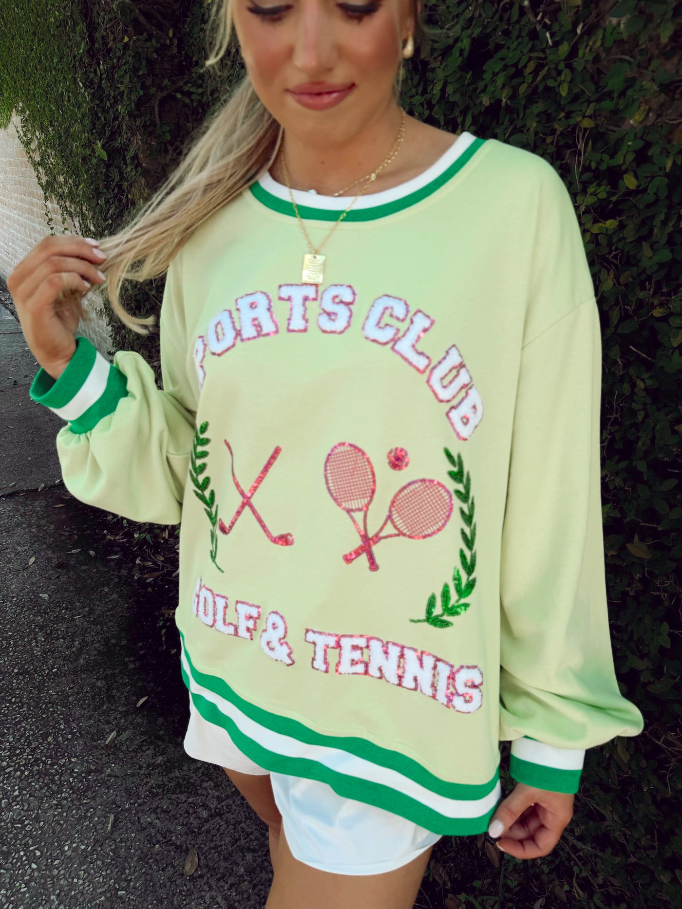 Light Green Sports Club Terry Sequin Detail Sweatshirt