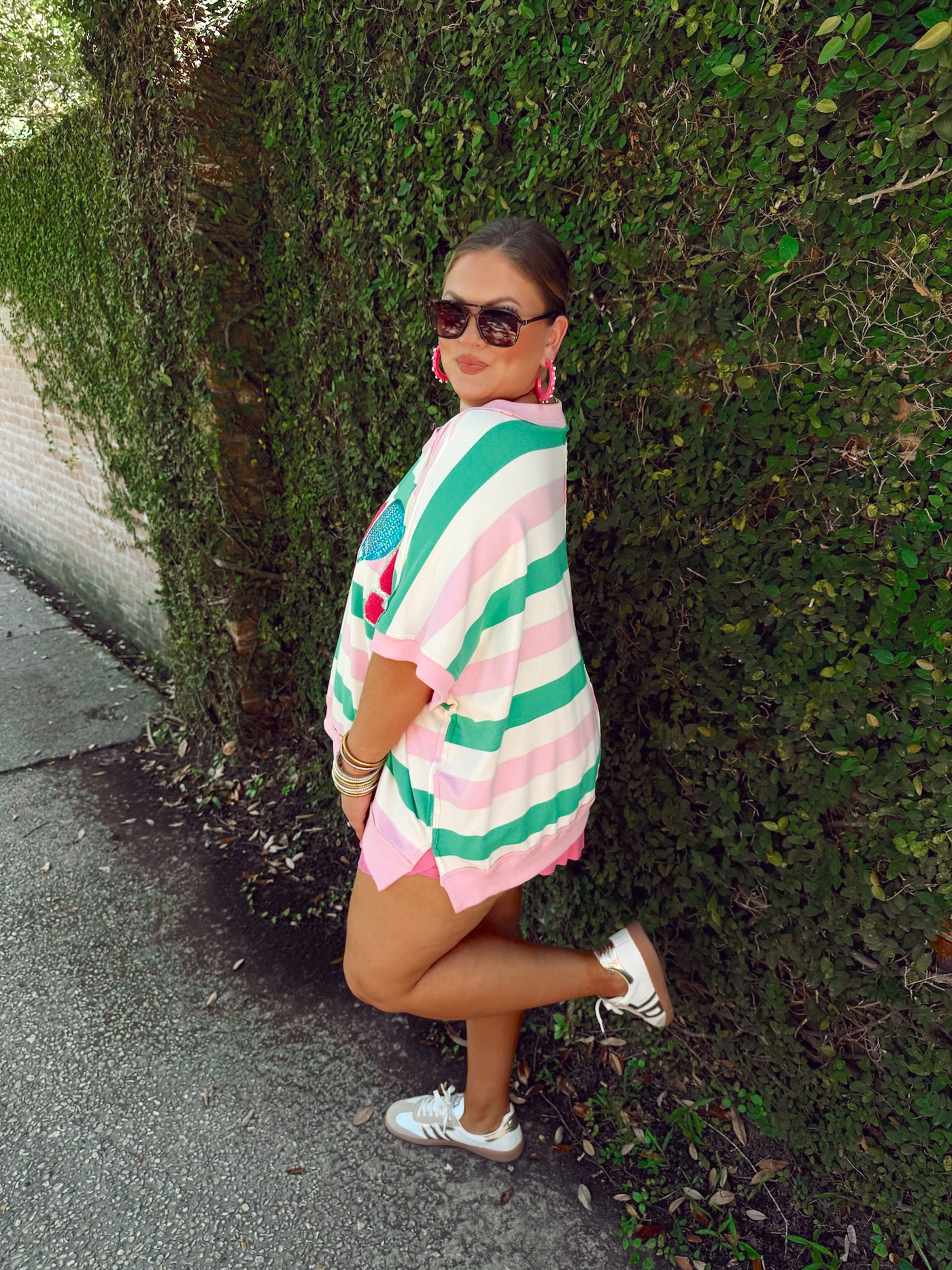 Light Pink and Green Striped Tennis Oversized Top