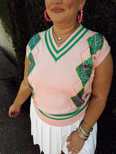 Pink Sequin Argyle Sweater Vest