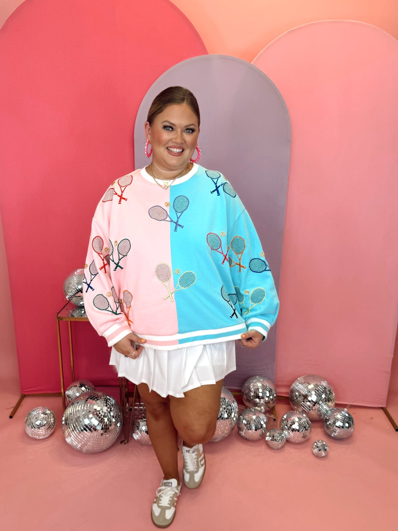 Queen Of Sparkles Light Pink & Blue Colorblock Tennis Sweatshirt