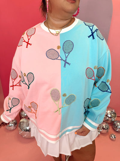 Queen Of Sparkles Light Pink & Blue Colorblock Tennis Sweatshirt