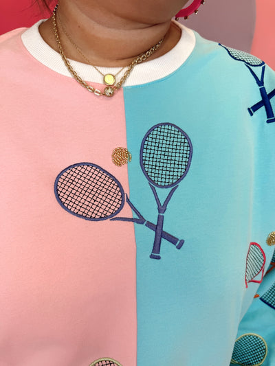 Queen Of Sparkles Light Pink & Blue Colorblock Tennis Sweatshirt