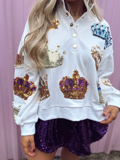 Queen of Sparkles White Crown Button Up Sweatshirt