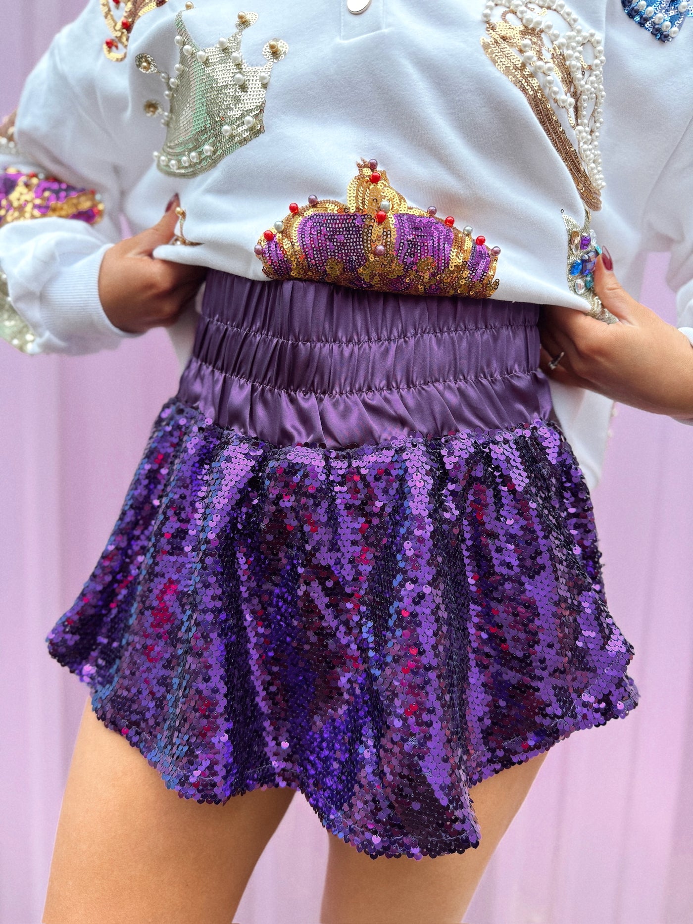 Purple Sequin High Waist Stretch Skort