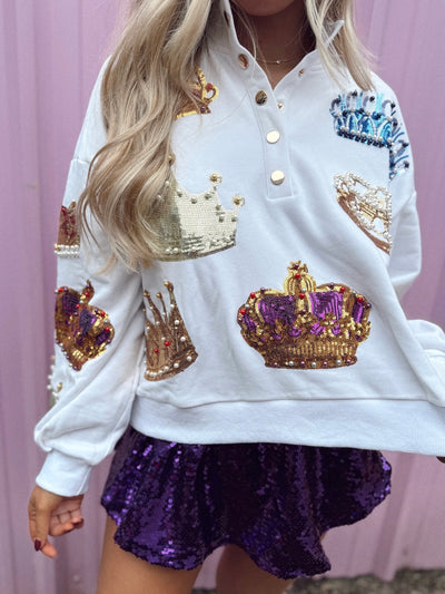 Queen of Sparkles White Crown Button Up Sweatshirt