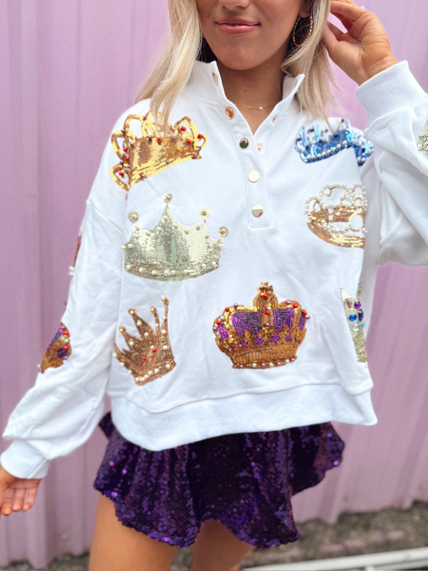 Queen of Sparkles White Crown Button Up Sweatshirt