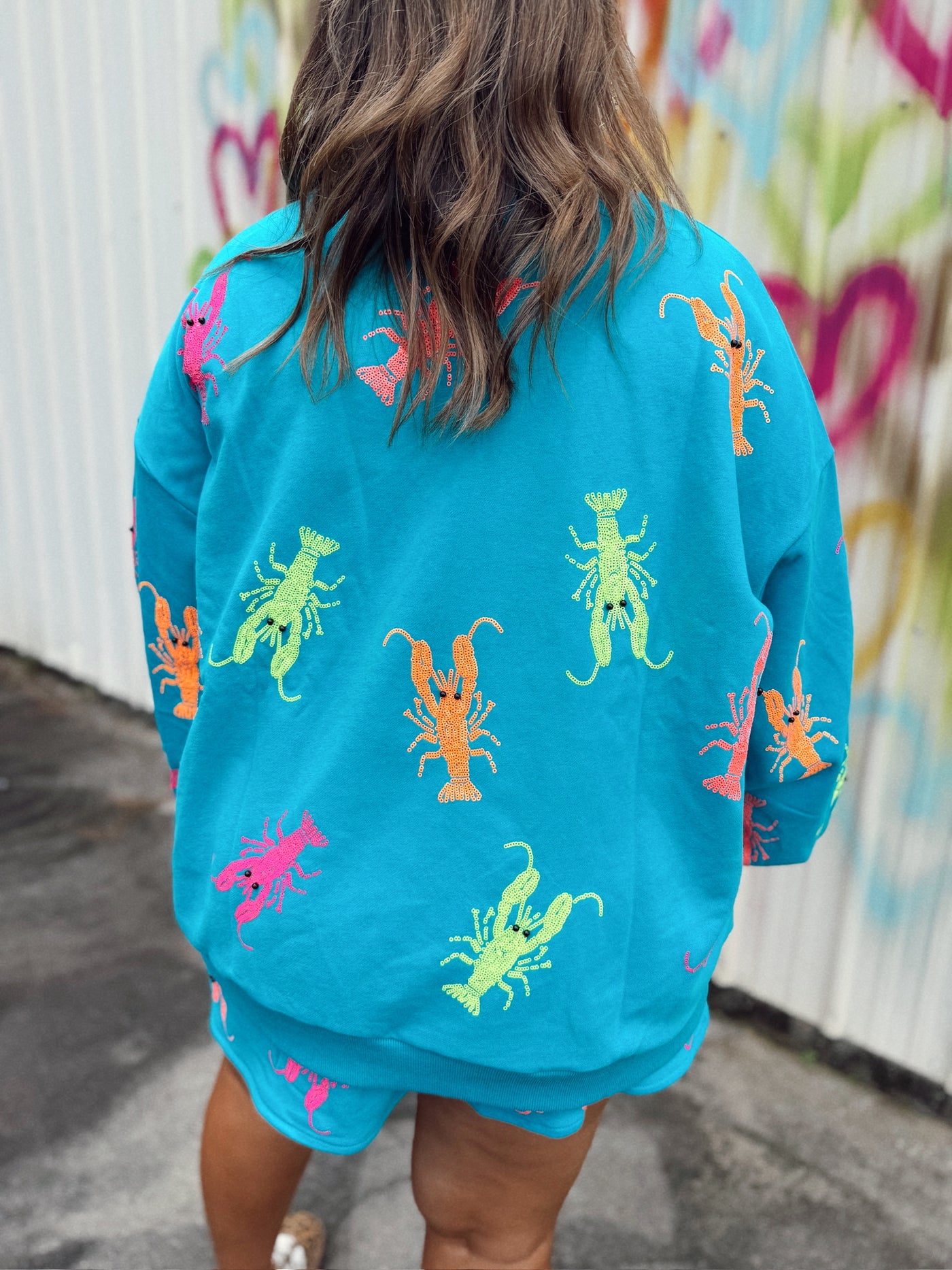 Queen of Sparkles Teal Neon V Neck Crawfish Sweatshirt