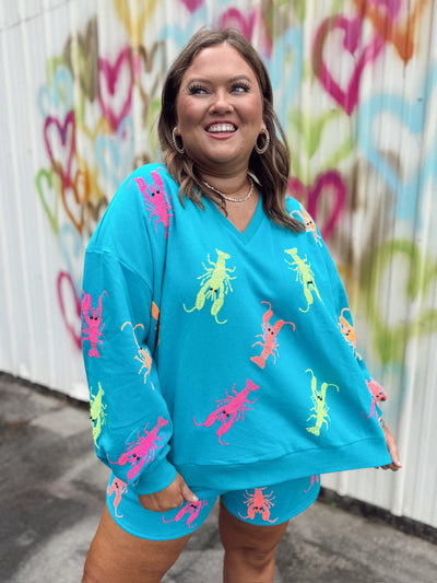 Queen of Sparkles Teal Neon V Neck Crawfish Sweatshirt