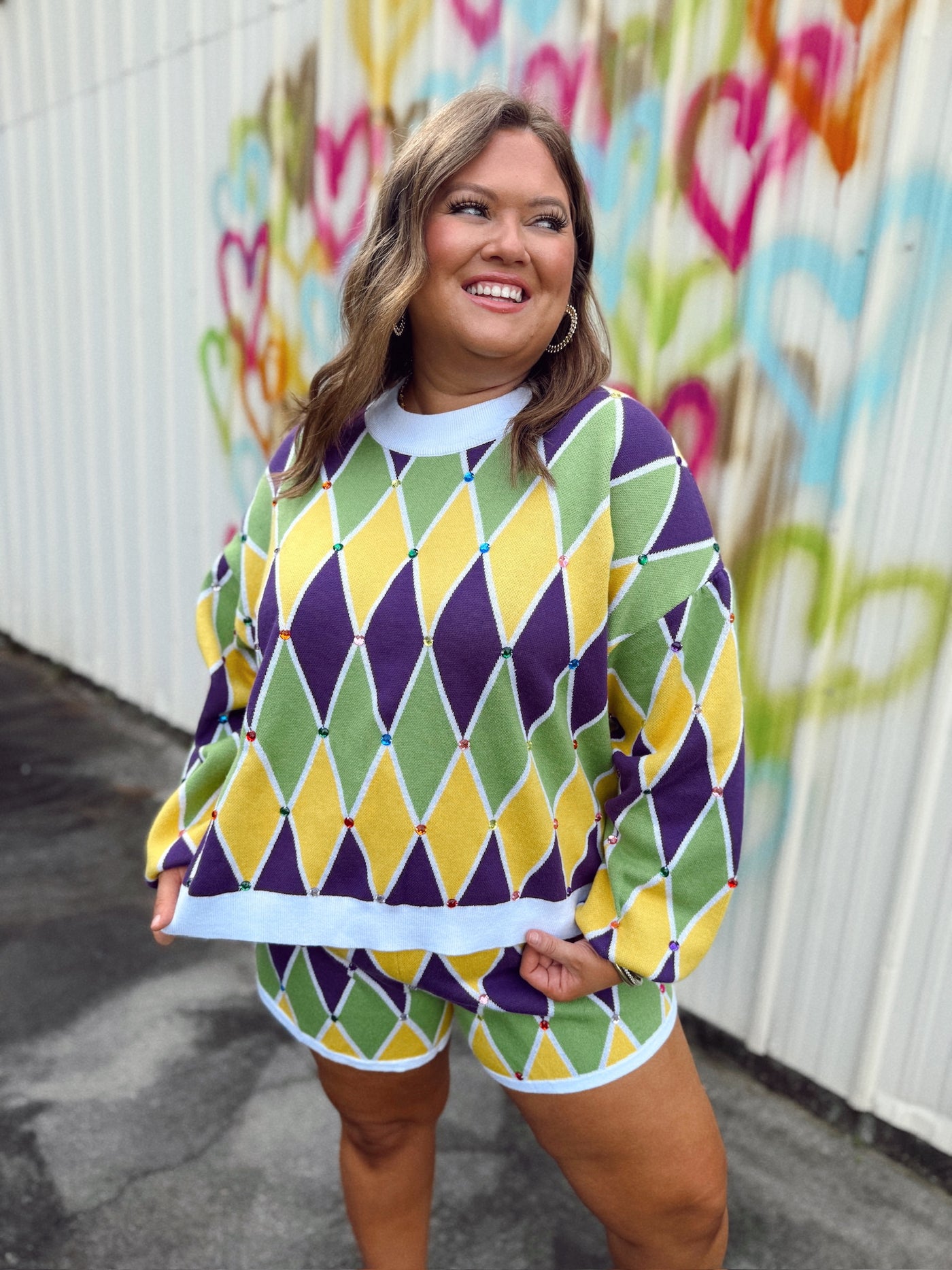 Queen of Sparkles Multi Mardi Gras Diamond Pattern Sweater