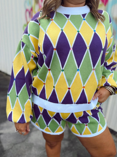 Queen of Sparkles Multi Mardi Gras Diamond Pattern Sweater