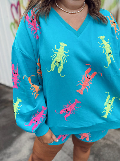 Queen of Sparkles Teal Neon V Neck Crawfish Sweatshirt