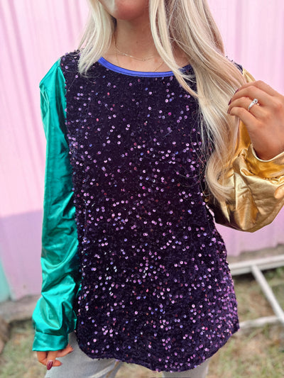 Purple Sequin Green and Gold Metallic Sleeve Blouse