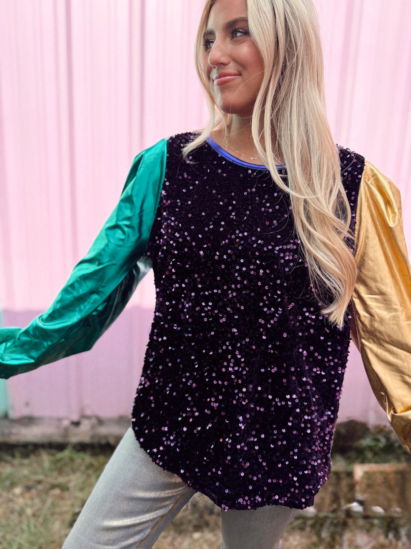 Purple Sequin Green and Gold Metallic Sleeve Blouse