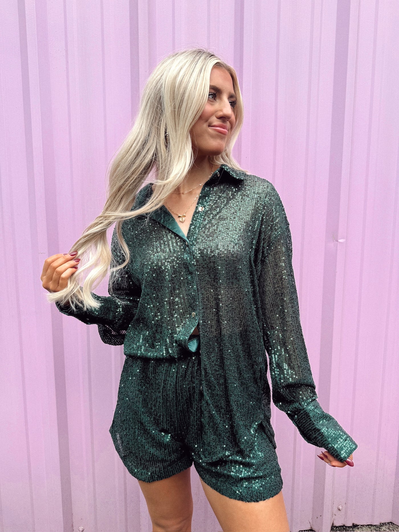 Hunter Green Sequin Button Down and Short Set