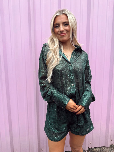 Hunter Green Sequin Button Down and Short Set