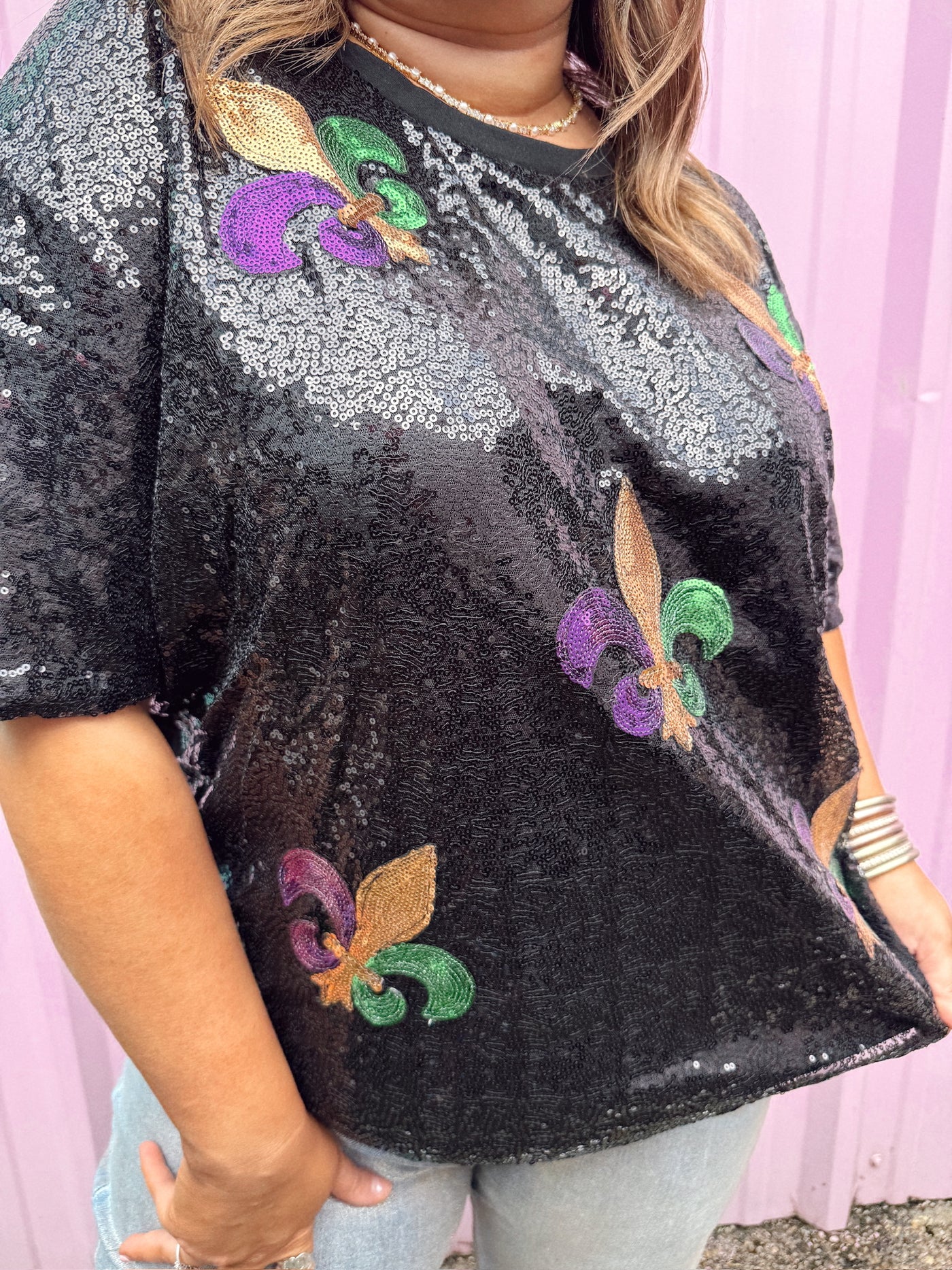 Black Sequin Mardi Gras Fleur De Lis Tee