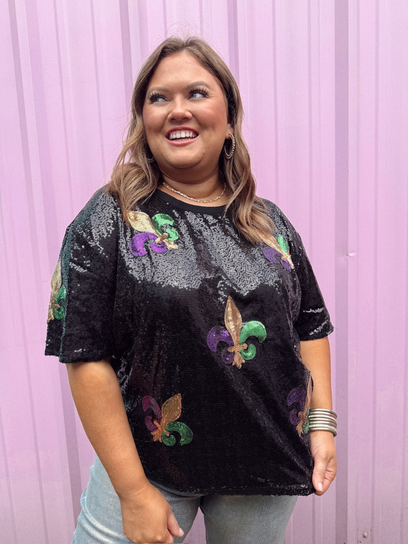 Black Sequin Mardi Gras Fleur De Lis Tee