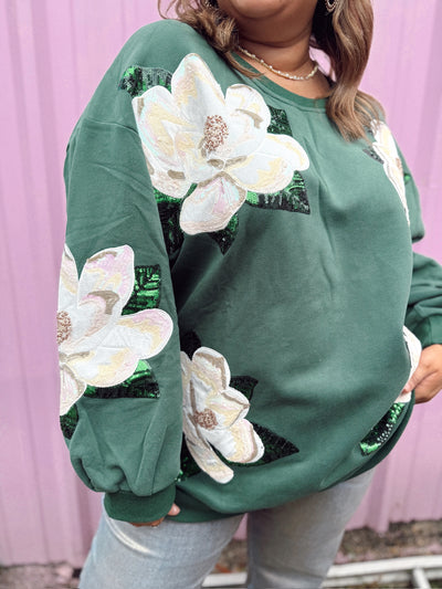 Queen of Sparkles Dark Green Magnolias Sweatshirt