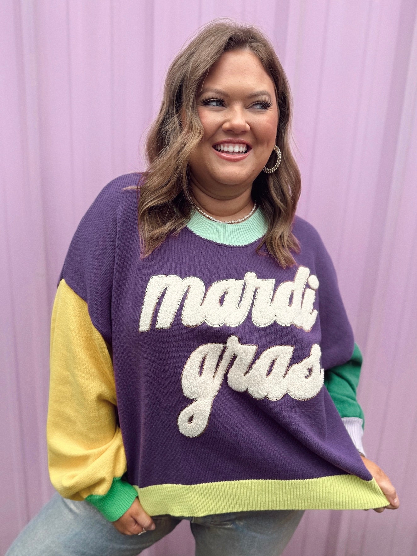 Queen of Sparkles Colorblock Fuzzy 'Mardi Gras' Sweater