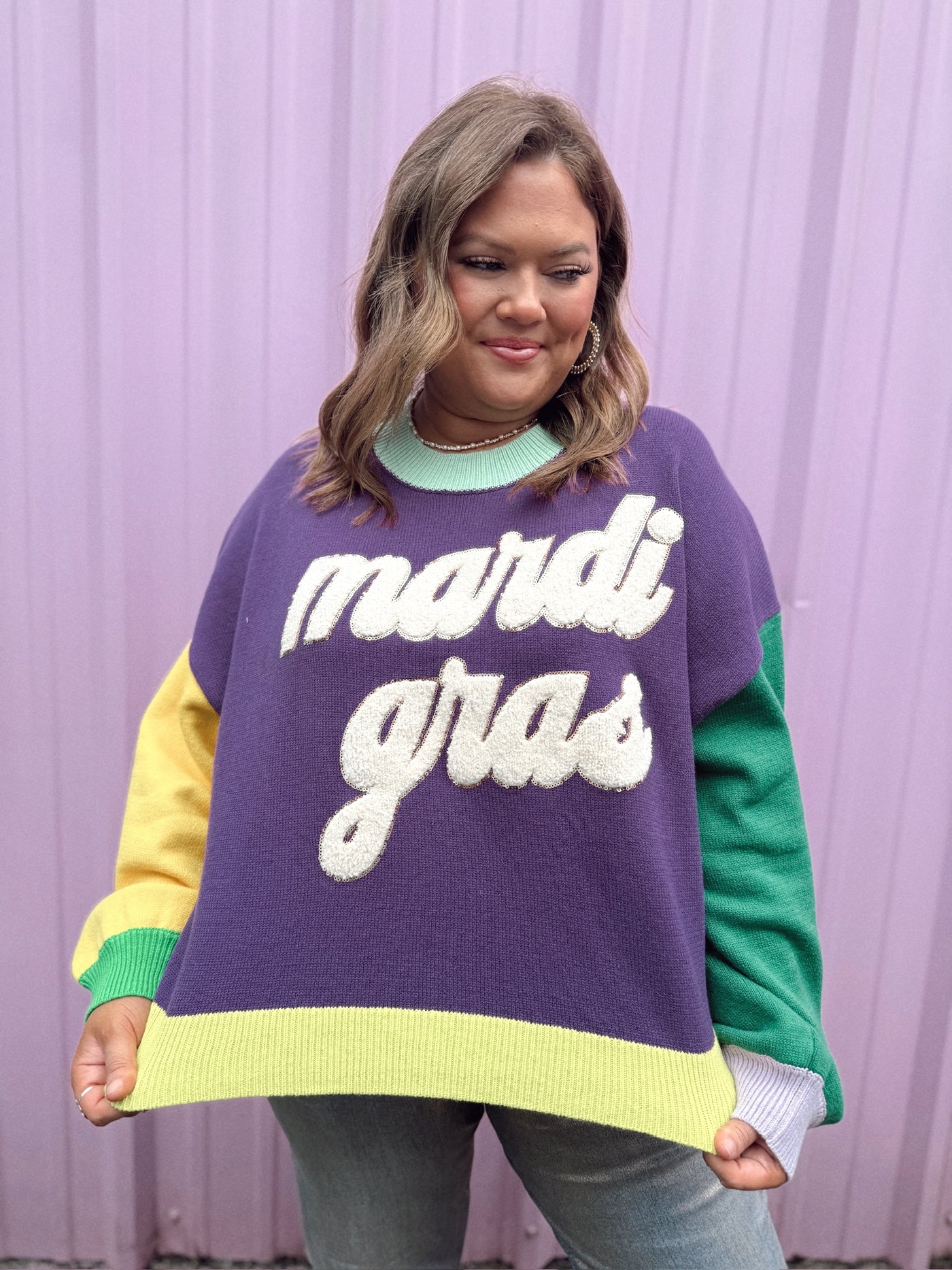 Queen of Sparkles Colorblock Fuzzy 'Mardi Gras' Sweater