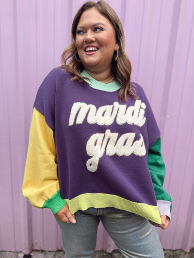 Queen of Sparkles Colorblock Fuzzy 'Mardi Gras' Sweater