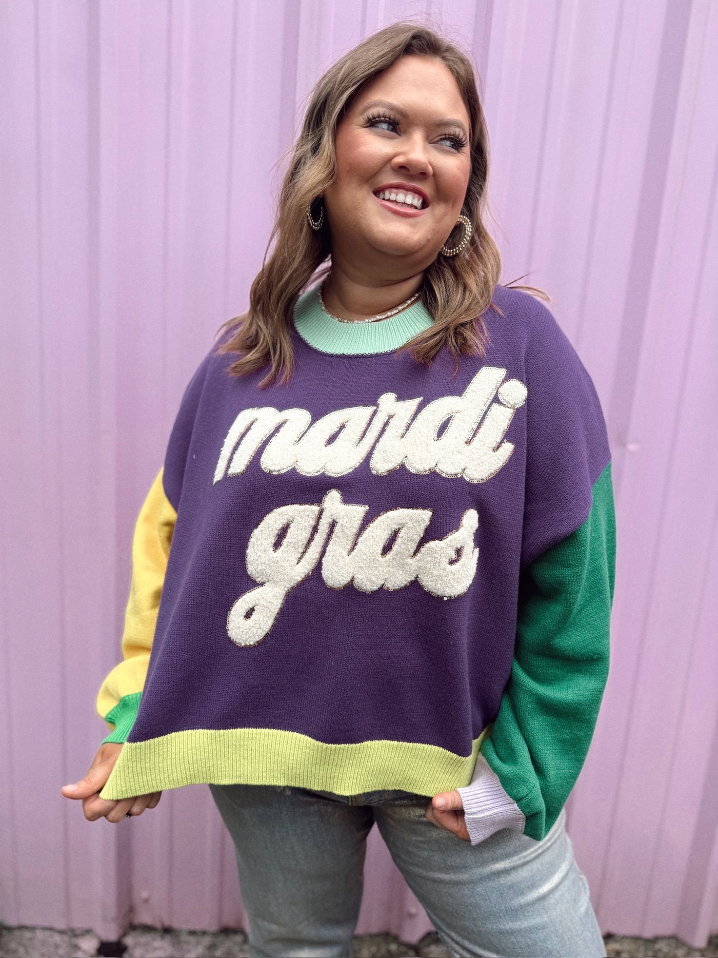 Queen of Sparkles Colorblock Fuzzy 'Mardi Gras' Sweater