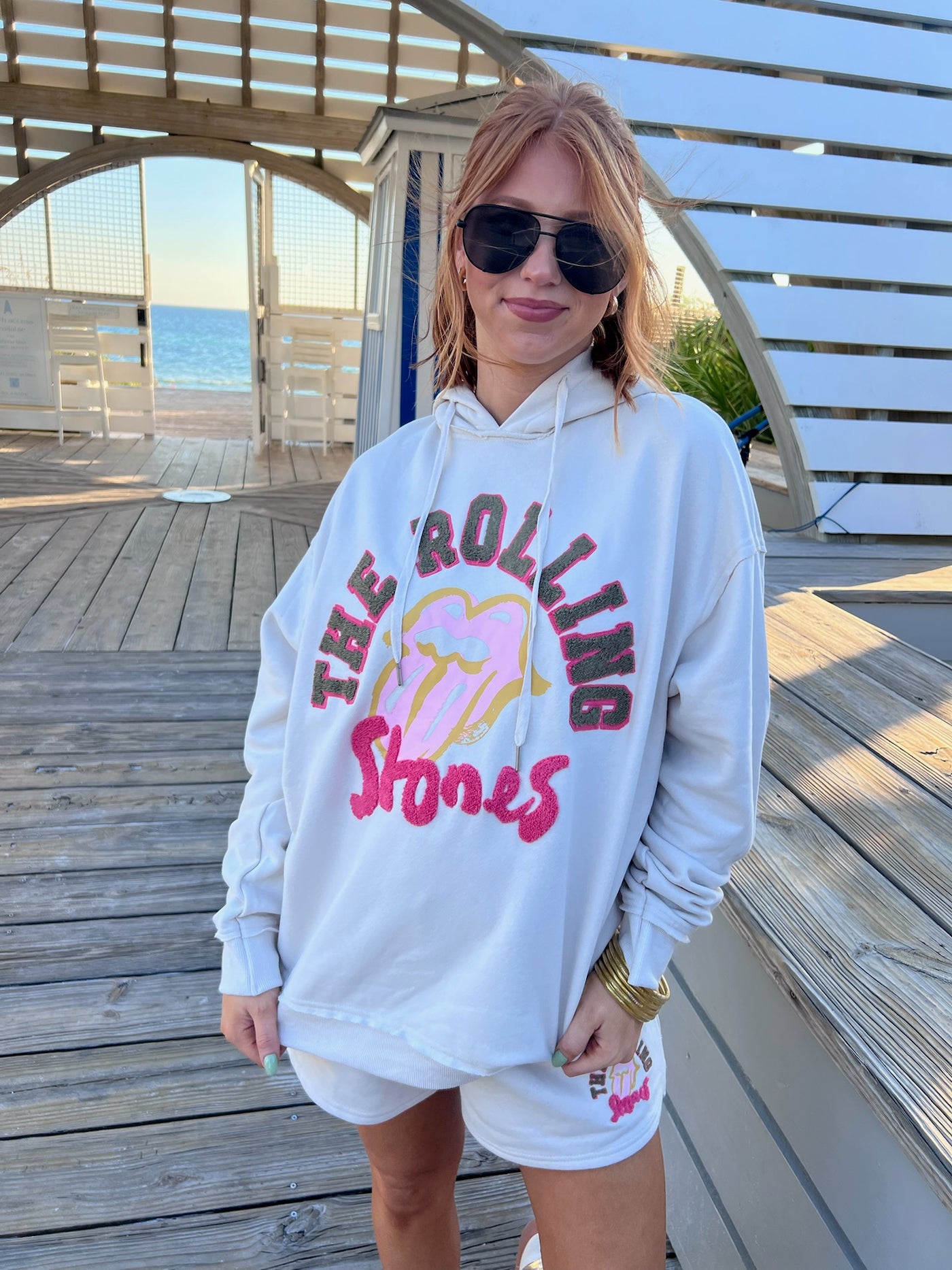 Light Grey Multi Rolling Stones Oversized Hoodie and Short Set