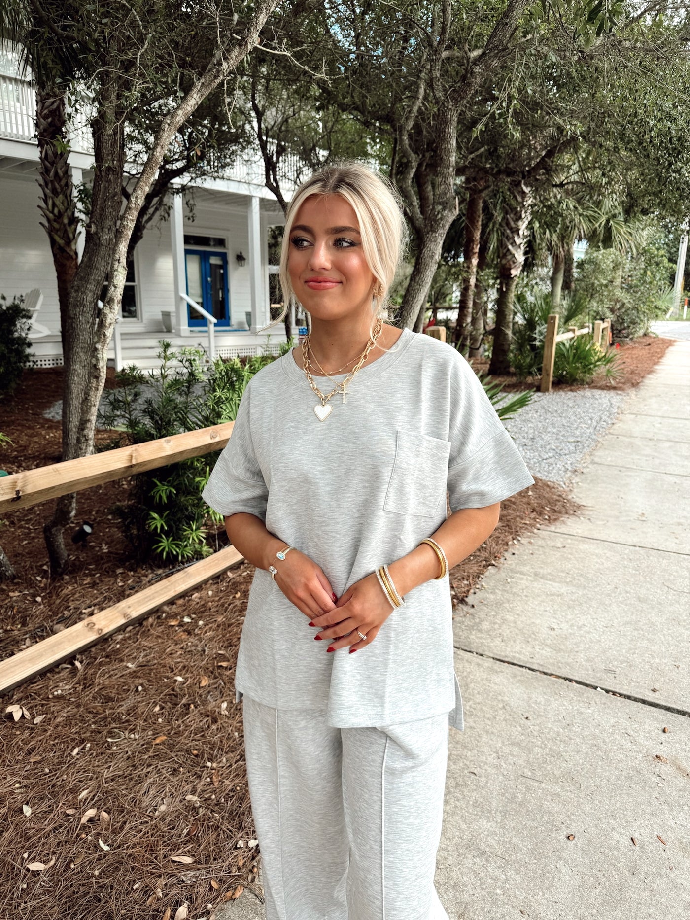 Heather Grey Short Sleeve Top and Wide Leg Pant Set