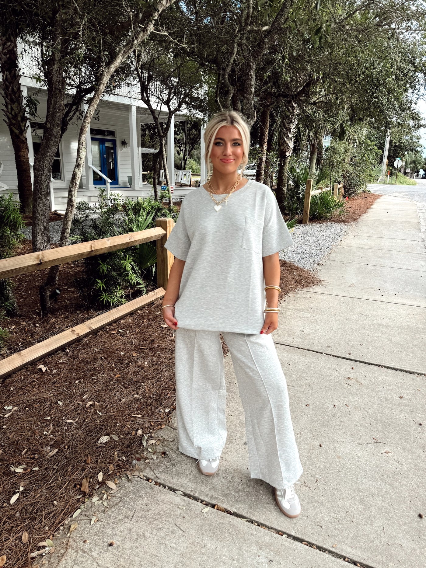 Heather Grey Short Sleeve Top and Wide Leg Pant Set