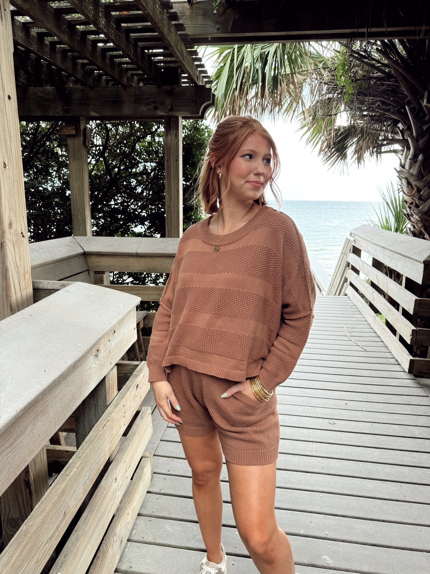 Coconut Long Sleeve Relaxed Knit Top and Short Set