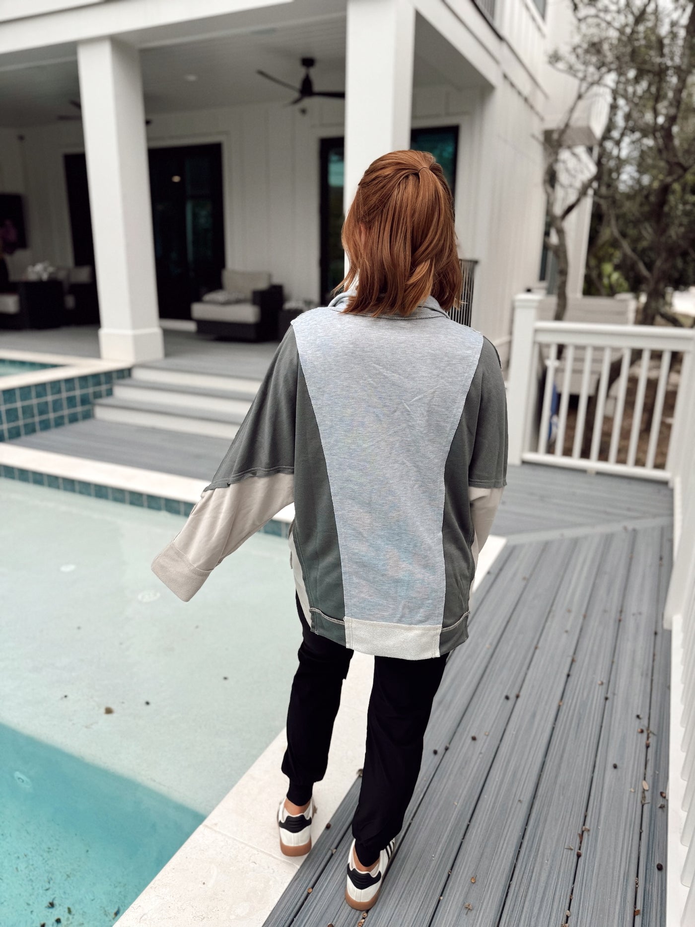 Heather Grey Combo Notch Neck Long Sleeve Top